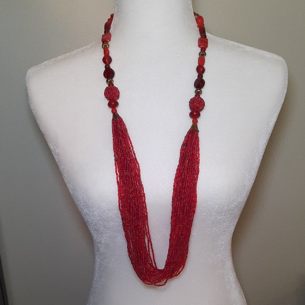 Long Red Multi-strand Seed Bead Necklace With Larger Beads At Back